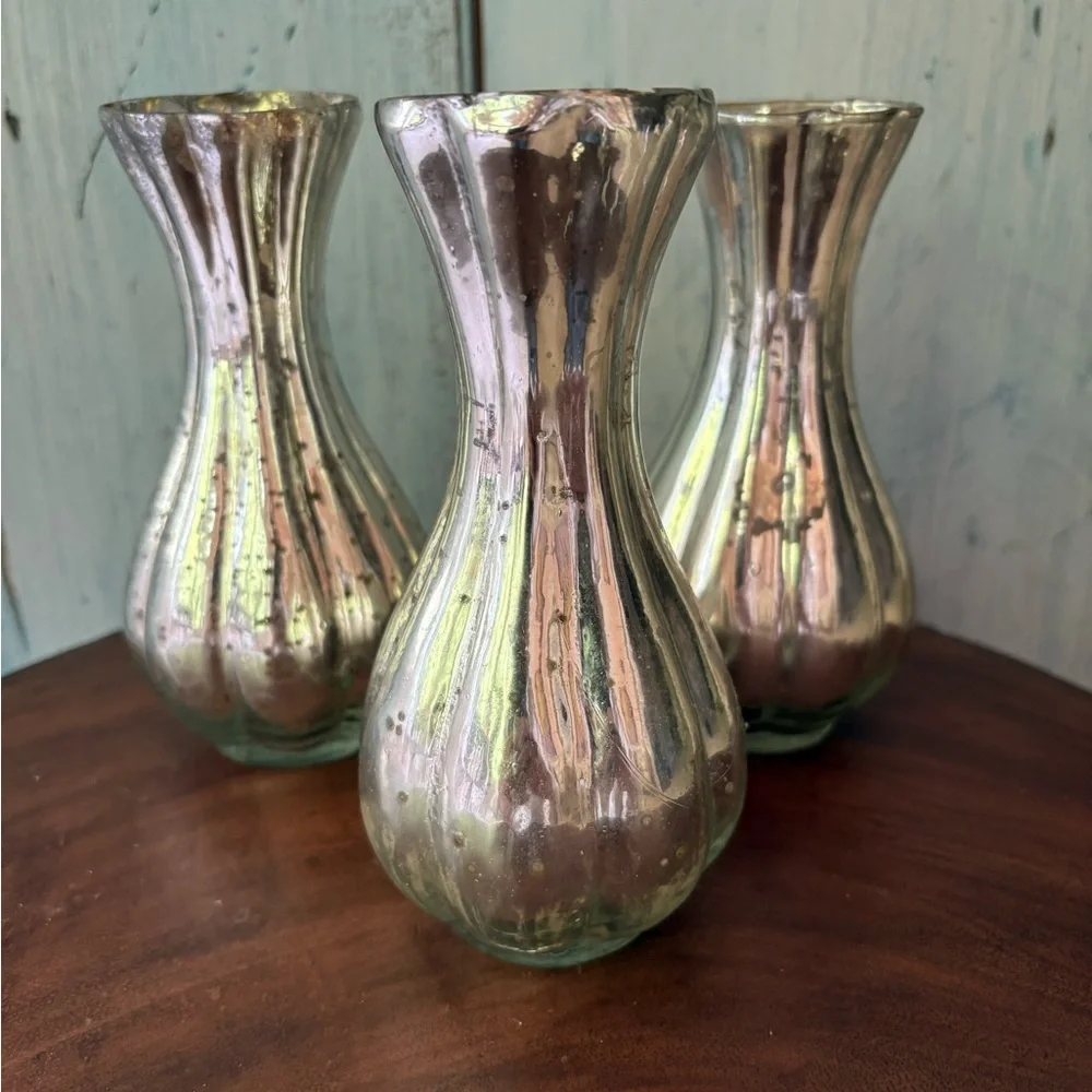 (3) Pretty Silver Mercury Glass Vases Set - Picture 8 of 13